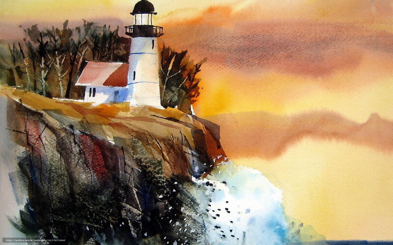 Lighthouse on Cliff — Orange, Dramatic, Sunset, Painting, Trees