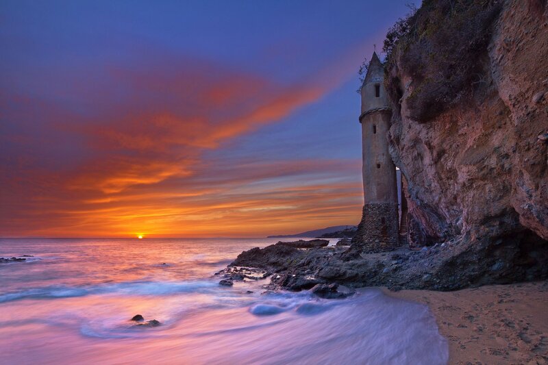 Lighthouse on Cliff — Orange, Dramatic, Sunset, Photograph, Ocean