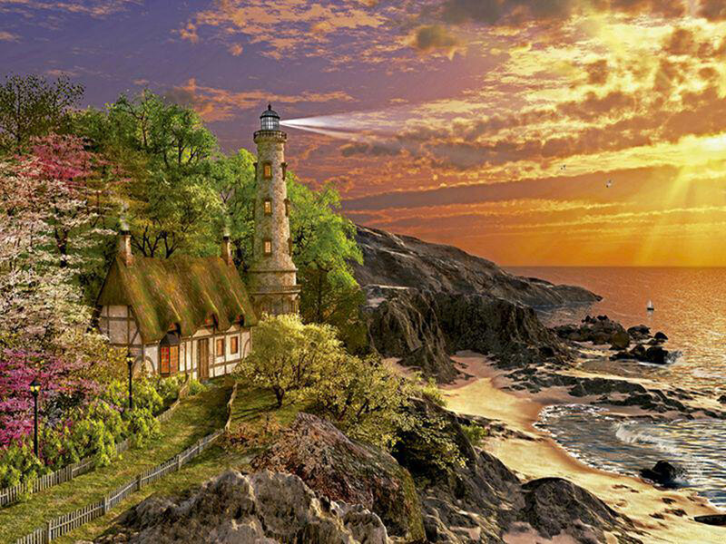 Lighthouse on Cliff — Orange, Serene, Sunset, Digital Art