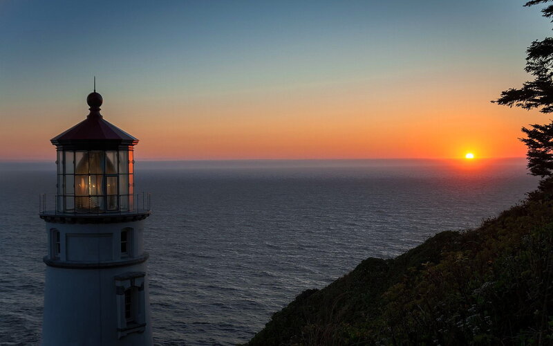 Lighthouse on Cliff — Orange, Serene, Sunset, Photograph, Ocean