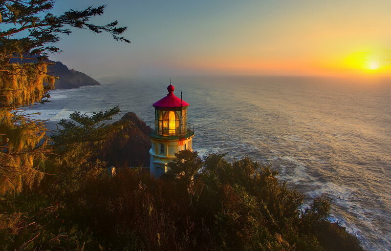 Lighthouse on Cliff — Orange, Serene, Sunset