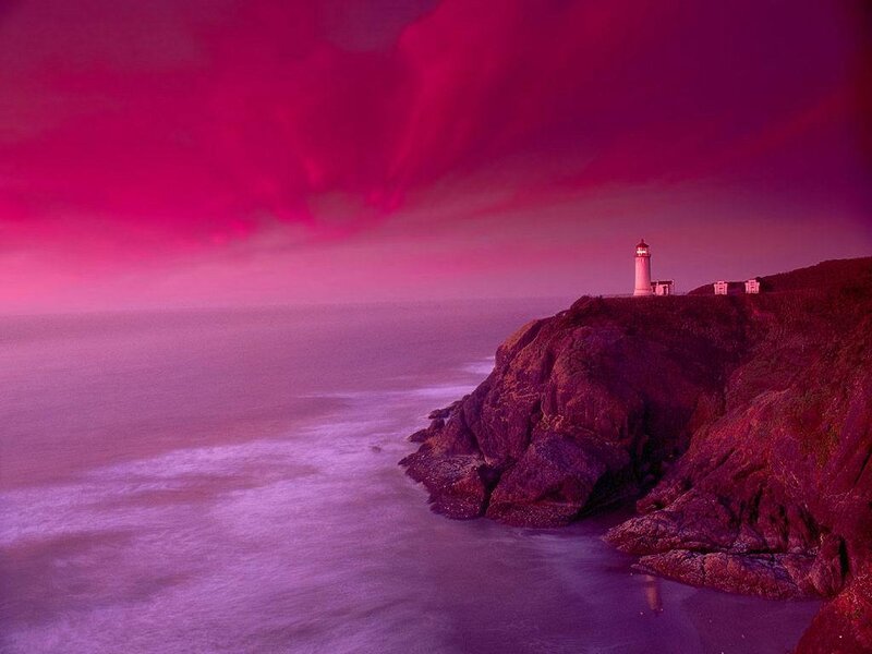 Lighthouse on Cliff — Purple, Dramatic, Night, Photograph, Ocean