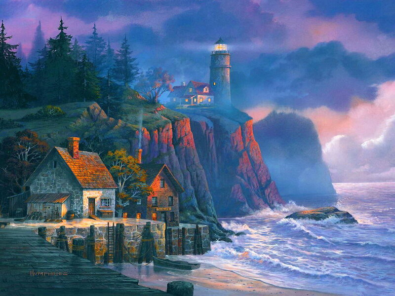 Lighthouse on Cliff — Purple, Dramatic, Night