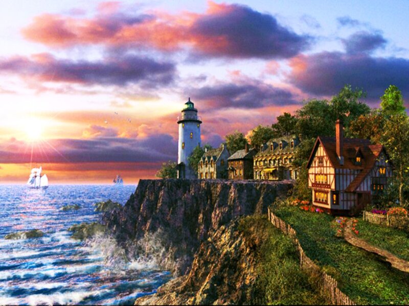 Lighthouse on Cliff — Purple, Dramatic, Sunset, Digital Art