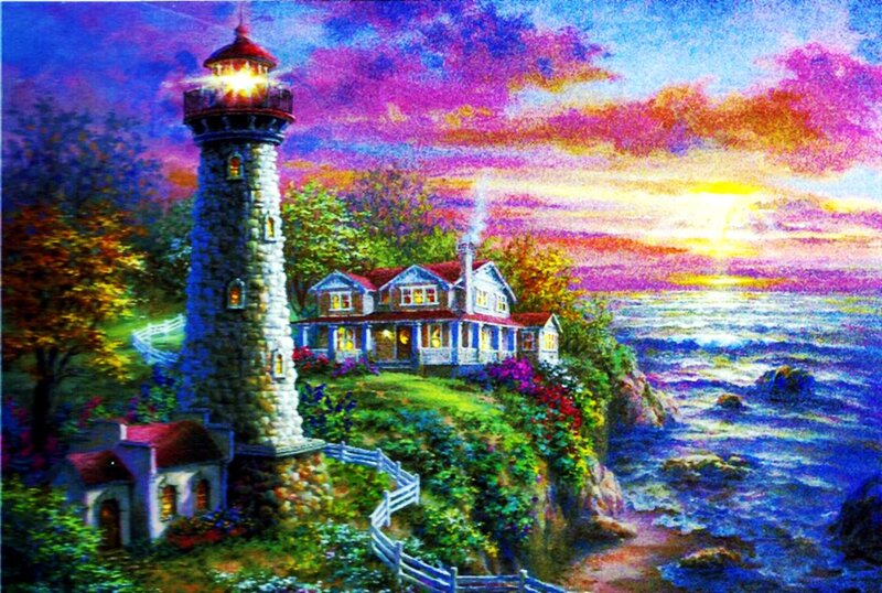 Lighthouse on Cliff — Purple, Dramatic, Sunset, Painting, House