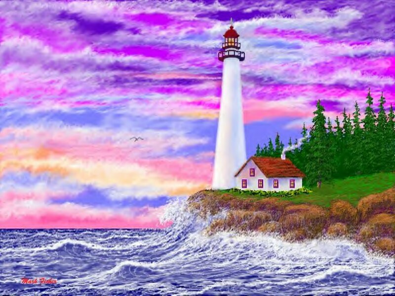 Lighthouse on Cliff — Purple, Dramatic, Sunset, Painting