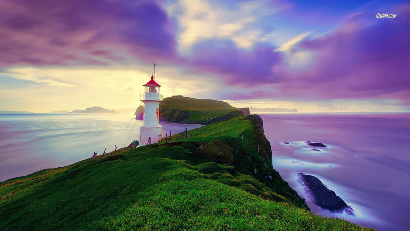Lighthouse on Cliff — Purple, Dramatic, Sunset, Photograph, Ocean, Sky