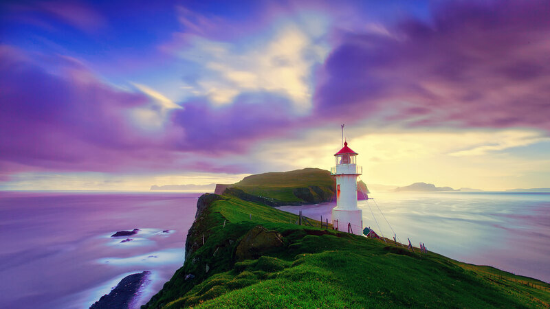 Lighthouse on Cliff — Purple, Dramatic, Sunset, Photograph, Ocean