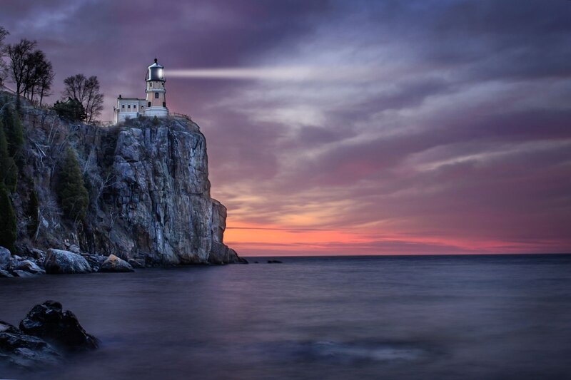 Lighthouse on Cliff — Purple, Dramatic, Sunset, Photograph, Sea