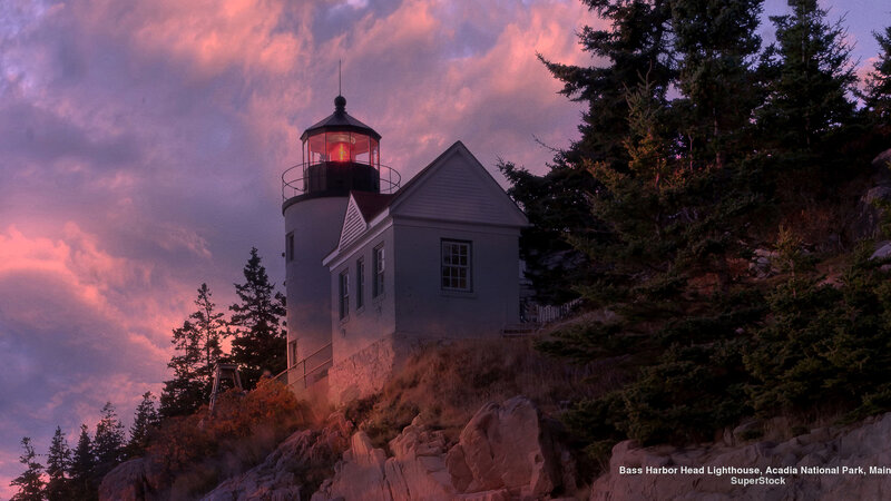 Lighthouse on Cliff — Purple, Dramatic, Sunset, Photograph, Trees