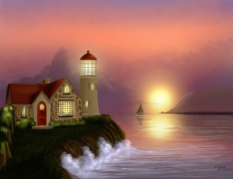 Lighthouse on Cliff — Purple, Serene, Sunset, Digital Art