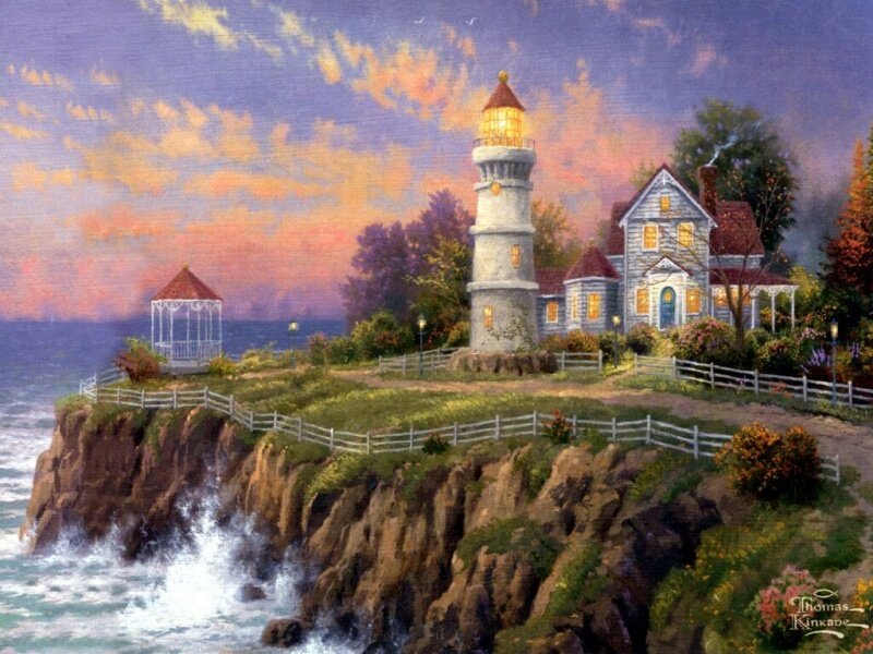 Lighthouse on Cliff — Purple, Serene, Sunset, Painting, House