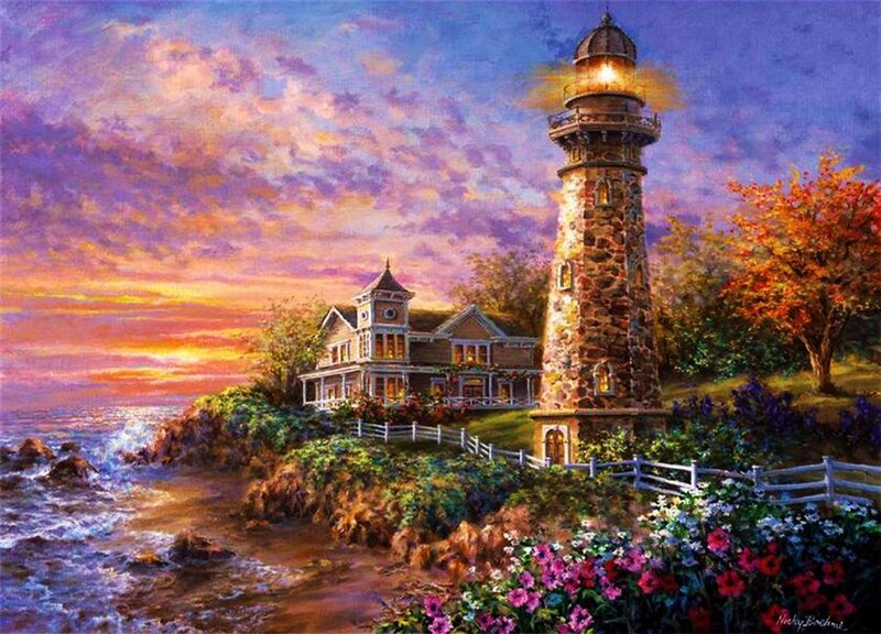Lighthouse on Cliff — Purple, Serene, Sunset, Painting