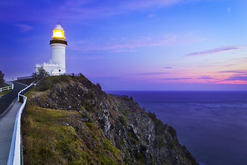 Lighthouse on Cliff — Purple, Serene, Sunset, Photograph