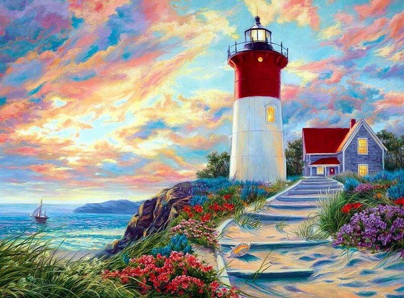 Lighthouse on Cliff — Red, Serene, Sunset