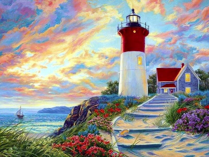 Lighthouse on Cliff — Red, Serene