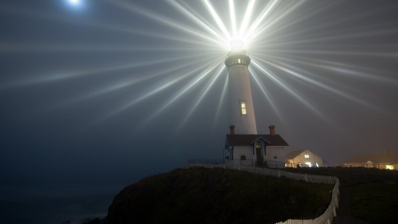 Lighthouse on Cliff — White, Dramatic, Night