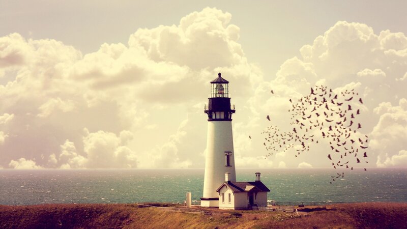 Lighthouse on Cliff — White, Serene, Afternoon, Photograph