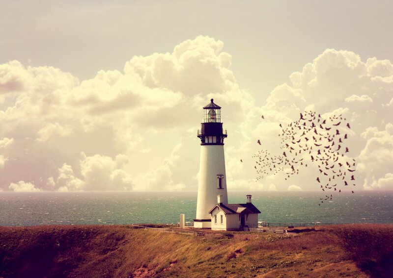 Lighthouse on Cliff — White, Serene, Afternoon
