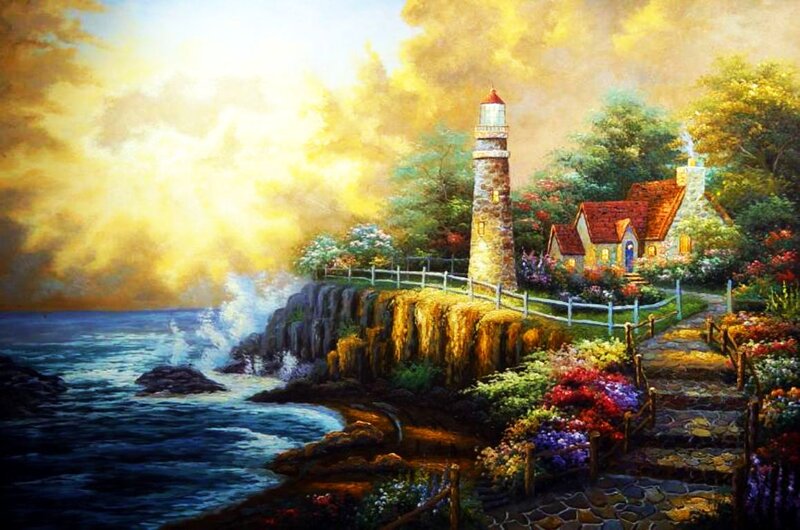 Lighthouse on Cliff — Yellow, Serene, Sunset, Painting, House