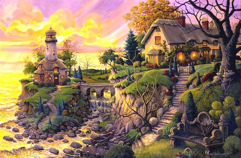 Lighthouse on Cliff — Yellow, Serene, Sunset, Painting