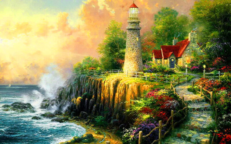 Lighthouse on Cliff — Yellow, Serene