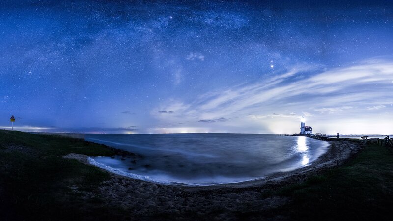 Lighthouse on Coast — Blue, Serene, Night
