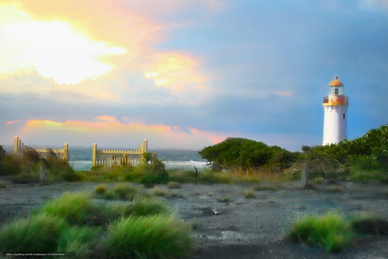 Lighthouse on Coast — Blue, Serene, Sunset