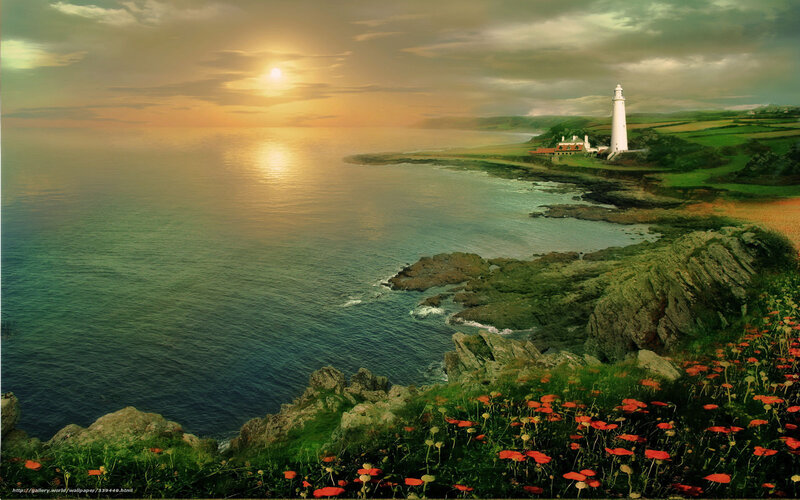 Lighthouse on Coast — Green, Serene, Sunset