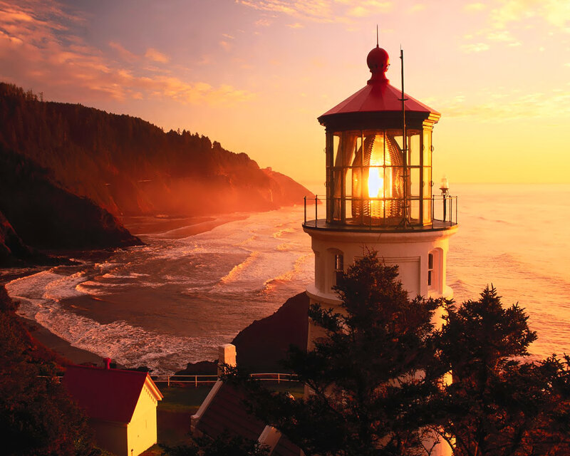 Lighthouse on Coast — Orange, Dramatic, Sunset