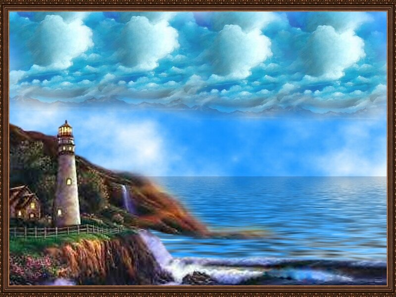 Lighthouse on Coastal Cliff — Blue, Serene, Afternoon, Painting