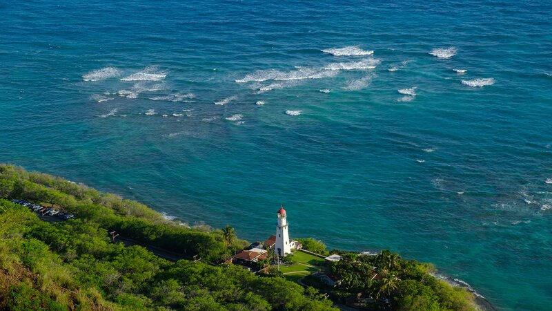Lighthouse on Coastal Cliff — Blue, Serene, Afternoon, Photograph, Ocean, Trees