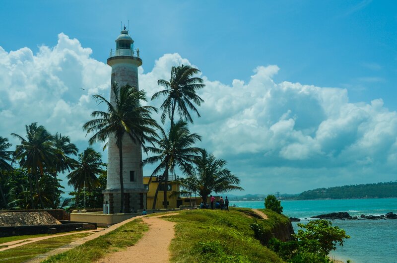 Lighthouse on Coastal Cliff — Blue, Serene, Afternoon, Photograph, Palm Trees