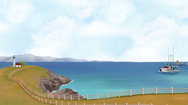 Lighthouse on Coastal Cliff — Blue, Serene, Afternoon