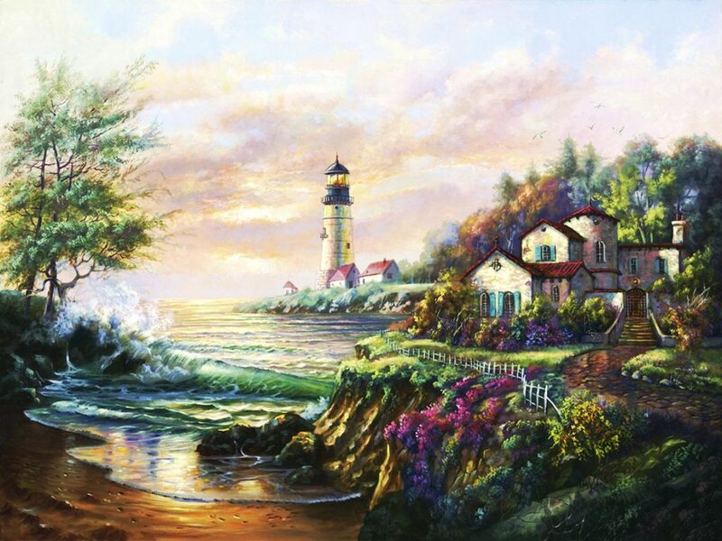 Lighthouse on Coastal Cliff — Blue, Serene, Sunset, Painting, House, Ocean