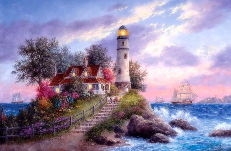 Lighthouse on Coastal Cliff — Blue, Serene, Sunset, Painting, House, Sailboat
