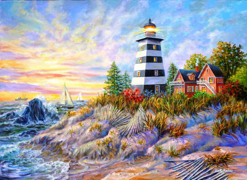 Lighthouse on Coastal Cliff — Blue, Serene, Sunset, Painting, Sailboat