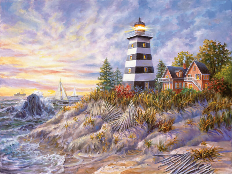 Lighthouse on Coastal Cliff — Blue, Serene, Sunset, Painting