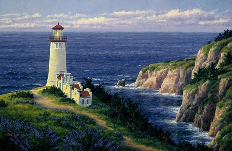 Lighthouse on Coastal Cliff — Blue, Serene