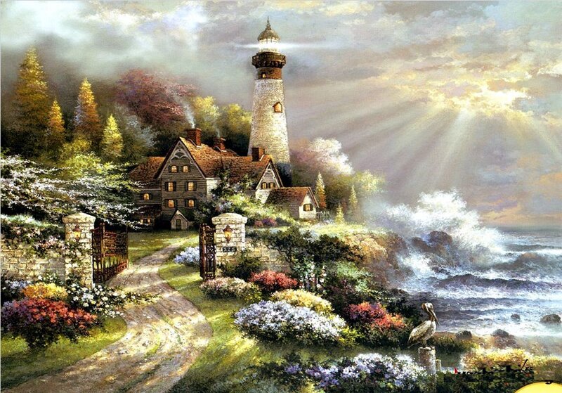 Lighthouse on Coastal Cliff — Green, Serene, Sunrise