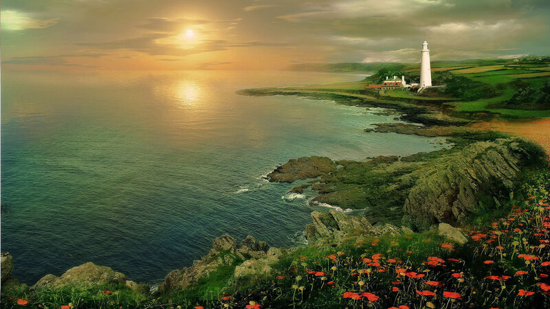 Lighthouse on Coastal Cliff — Green, Serene, Sunset, Digital Art