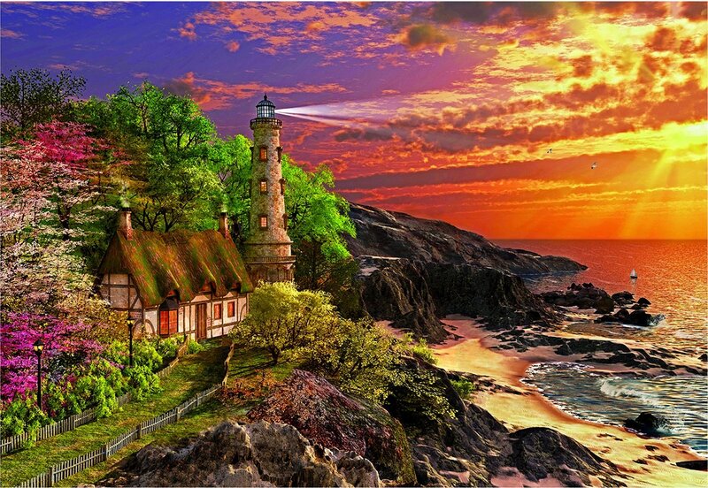Lighthouse on Coastal Cliff — Orange, Dramatic