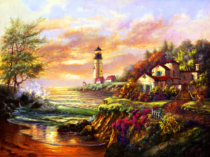 Lighthouse on Coastal Cliff — Orange
