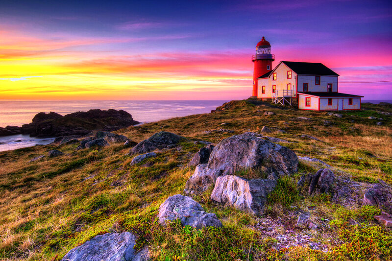 Lighthouse on Coastal Cliff — Purple, Dramatic