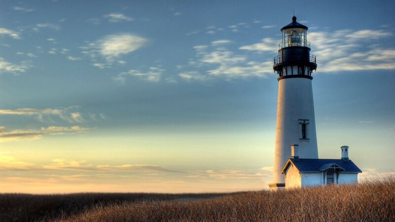 Lighthouse on Coastal Dune — Blue, Serene, Sunset