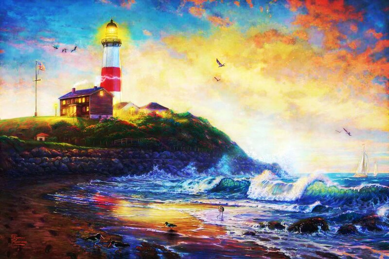 Lighthouse on Coastal Hill — Blue, Dramatic