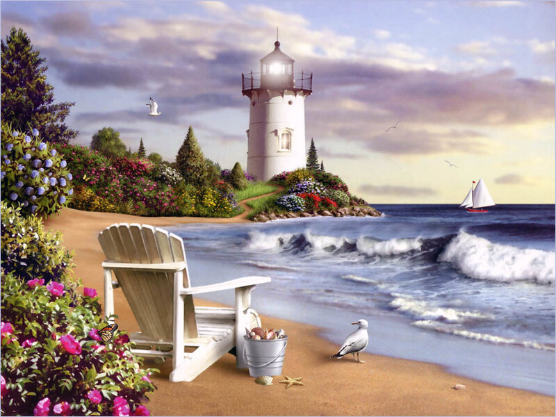 Lighthouse on Coastal Hill — Blue, Serene, Afternoon, Painting