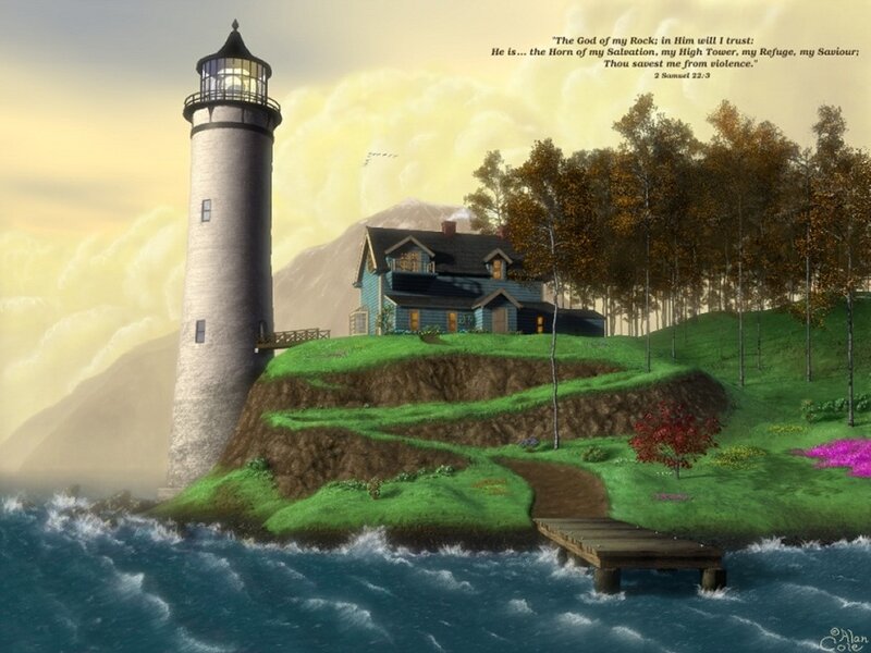 Lighthouse on Coastal Hill — Green, Serene, Sunset, Digital Art