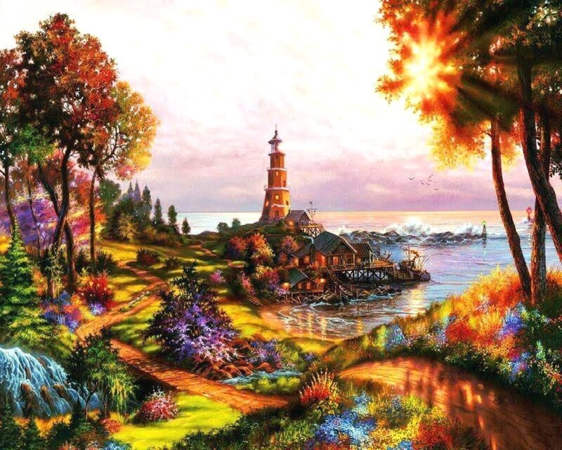 Lighthouse on Coastal Hill — Green, Serene, Sunset