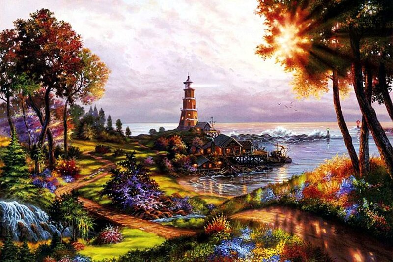 Lighthouse on Coastal Hill — Green, Serene